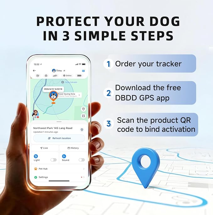 AI GPS Tracker for Dogs with 12 Month Subscription, Real-Time Location, Electronic Fence, Health Monitoring, Waterproof, for Medium Large Dogs, iOS Android