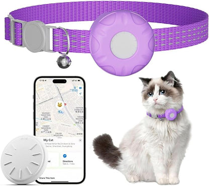 Cat Tracker Collar,No Monthly Fee Cat Tracker Works with Apple Find My App(Only iOS),GPS Tracker for Cats,Real-Time Location Pet Tracking|Safety Collar and Tracker Holder Included-Purple