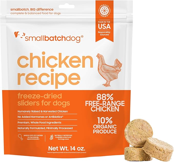 smallbatch Pets Freeze Dried Raw Dog Food, Chicken Recipe, 14 oz, Organic High Protein Dog Food, Grain Free, Made in the USA, Humanely Raised Meat, Single Protein, for Picky Eaters, Hydrate & Serve