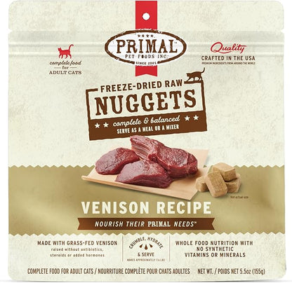 Primal Freeze Dried Raw Cat Food Nuggets Venison, Complete & Balanced Meal or Topper, Premium, Healthy, Grain Free, High Protein Raw Cat Food with Probiotics (5.5 oz)
