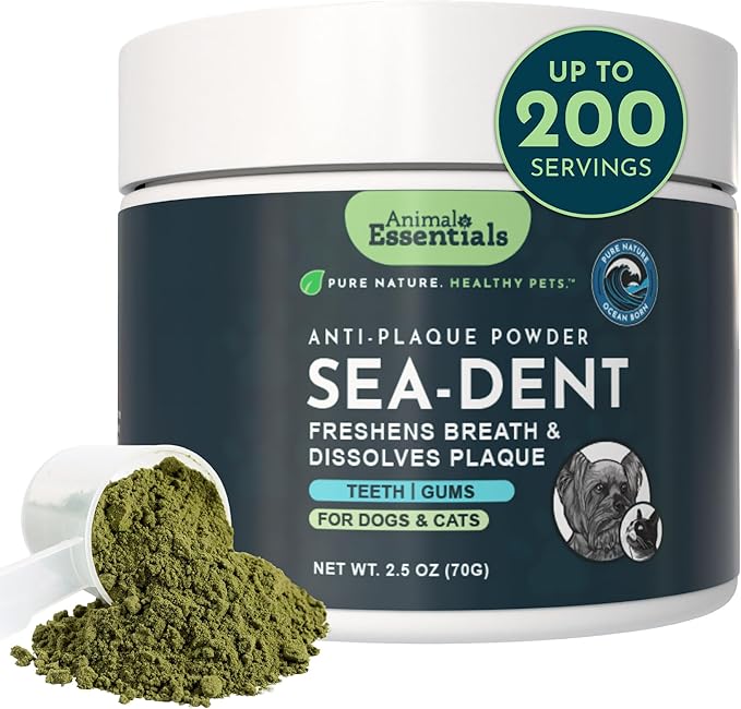 Animal Essentials Sea-Dent for Dog Teeth - Dental Powder for Dogs & Cats Teeth & Gums, Natural Oral Formula for Plaque & Tartar, Bad Breath Oral Freshener & Cleaner - 2.5 oz
