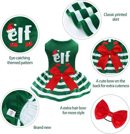 CuteBone Elf Dog Dresses Velvet Holiday Small Dogs Clothes Onesie Pet Apparel Girl Puppy Skirt with Bow Hair Rope CVA55L-D