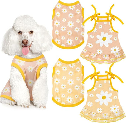 Frienda 4 Pieces Dog Clothes Set Include 2 Pcs Cute Pet Dress Lovely Dog Dress and 2 Pcs Breathable Pet T Shirt Puppy Clothes(Daisy,Small)