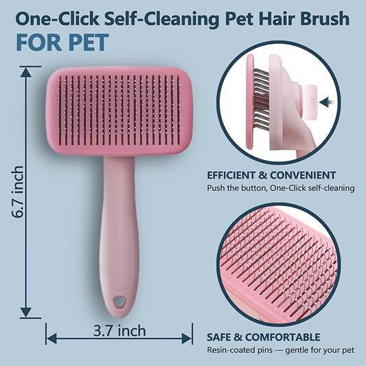Self-Cleaning Cat Shedding Grooming Brush for Small Dog Pet Short Hair Remover Set Reusable Lint Removal Tool Carpet Scraper for Clothes Couch Bedding Furniture Car Pink
