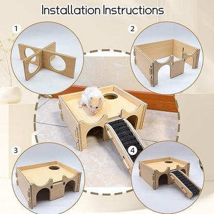 Wooden Hamster Hideout,Multi-Chamber Hamster House with Stair,Small Animal Explore Hide Hut Habitats Decor Accessories for Rat,Gerbil, Dwarf Hamsters, Mice