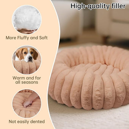 Donut Dog and Cat Bed, Luxurious Comfortable Faux Rabbit Fur Pet Beds, Round Anti-Anxiety Calming Puppy Kitten Bed with Anti-Slip Bottom for Small Medium Large Dogs & Cats(36", Brown)