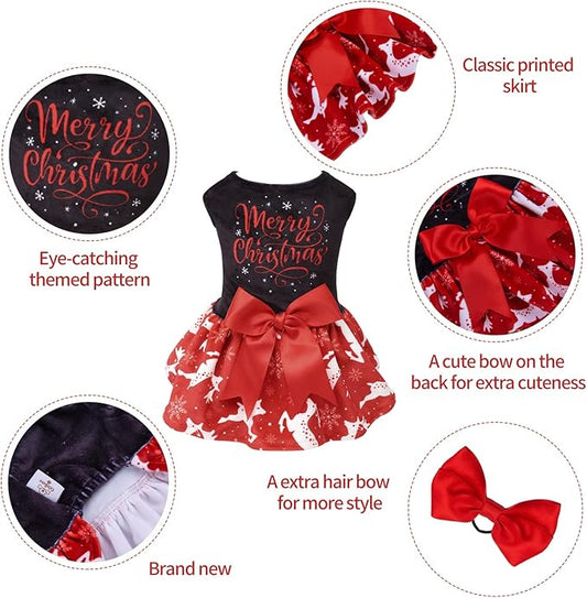 CuteBone Merry Christmas Dog Dress Velvet for Small Dogs Girl Reindeer Puppy Dresses Red Dog Clothes CVA04S-D