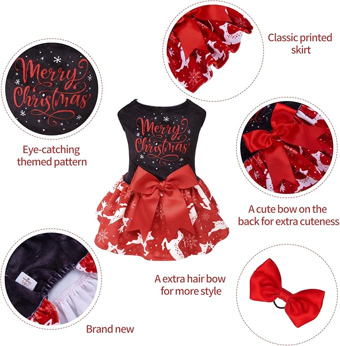 CuteBone Merry Christmas Dog Dress Velvet for Small Dogs Girl Reindeer Puppy Dresses Red Dog Clothes CVA04L-D