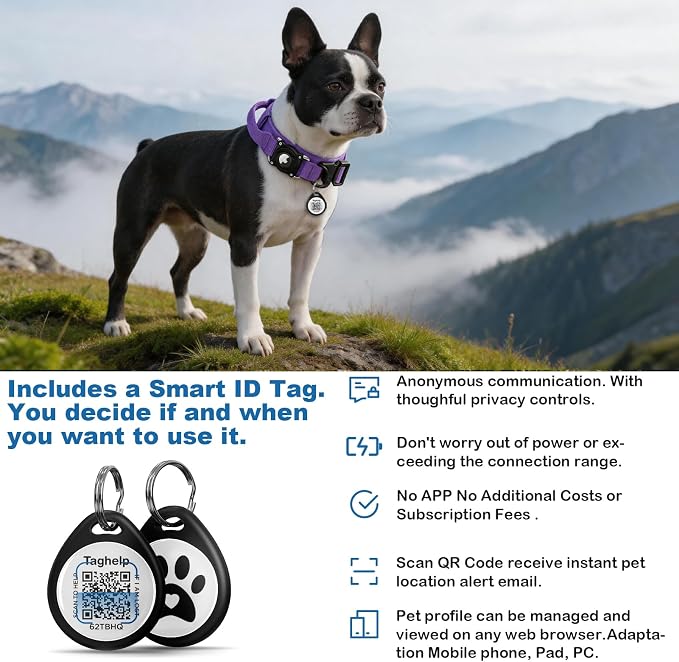 Tactical AirTag Dog Collar with Waterproof Holder(1st/2nd Generation) | Military-Grade Adjustable Collar, Comfortable Control Handle & Metal Buckle for Medium Dogs，Smart QR ID tag (Purple, M)