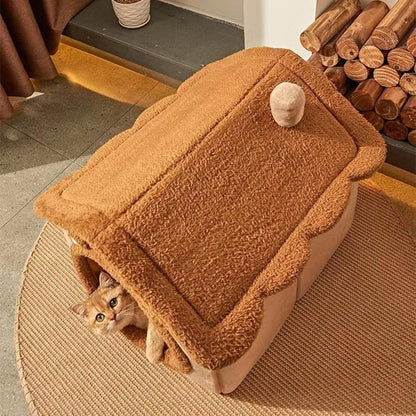 Cat Beds for Indoor Cats, Cute Bear Shape Cat Bed Cave, Brown