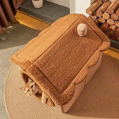Cat Beds for Indoor Cats, Cute Bear Shape Cat Bed Cave, Pet House Cats Tent with Removable Cushion Pillow for Kittens Puppy Small Dogs (Brown, M-18 * 14.6 * 15.7in)