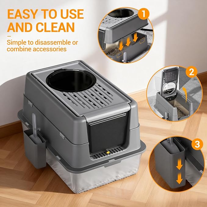 23.62" Large Stainless Steel Litter Box for Large Cats, Enclosed Cat Litter Pan with 180° Flip-Top Lid, Dual Entry Front Door & Top Entrance, Easy Clean Odor Control for Multi-Cat