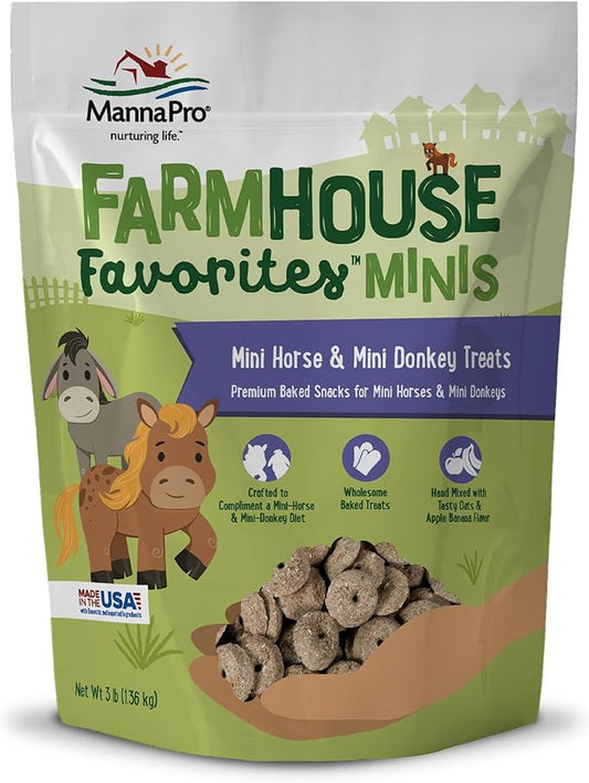 Manna Pro Farmhouse Favorites Mini Horse & Mini Donkey Treats –Baked Snack for Mini Horses & Mini Donkeys – Hand Mixed Treat – Oats, Apple & Banana Flavored – 3lb Bag