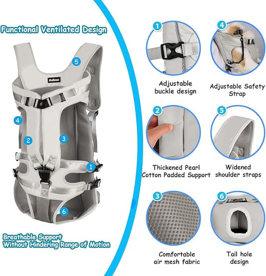 PetBonus Pet Front Dog Carrier Backpacks, Adjustable Pet Backpack, Legs Out Easy-fit Puppy Chest Carrier for Medium Small Dogs, Hands Free for Hiking, Cycling (Grey, L)
