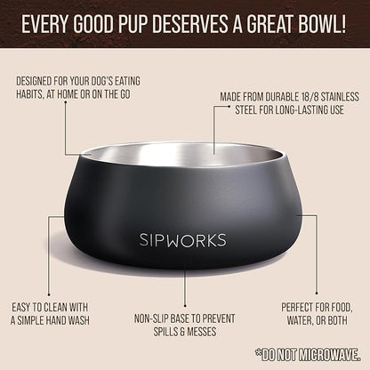 Sipworks Stainless Steel Dog Bowl – 32oz Weighted Metal Food and Water Bowls for Dogs and Cats with Non-Slip Base - Pet Bowls for All Breeds Sizes for Travel & Outdoor Play - Steel