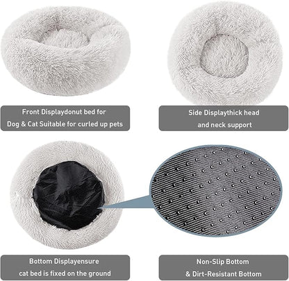 BinetGo Calming Cat and Dog Beds, 20 Inch Beige Donut Bed - Machine Washable, Anti Slip Waterproof Bottom