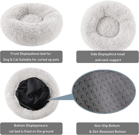 BinetGo Calming Cat and Dog Beds, 20 Inch Beige Donut Bed - Machine Washable, Anti Slip Waterproof Bottom