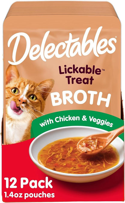 Delectables Lickable Treat Savory Broth Wet Cat Treat with Real Chicken & Veggies, Food Topper, Hydrating, Grain-Free, No Fillers, No By-Products, No Added Preservatives, 1.4oz Pouch, 12ct