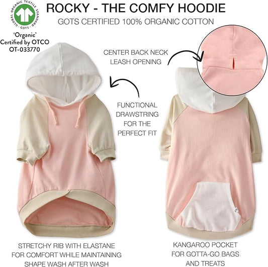 Pet Passion Rocky – The Original Lightweight Hooded Tee 100% Organic Cotton Dog Hoodie Pet Coat Sweater for All Sized Dogs, Original Pink Colorblock, XXX-Small (up to 5lbs)
