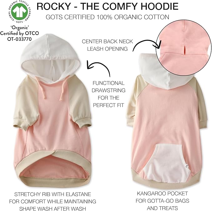 Pet Passion Rocky – The Original Lightweight Hooded Tee 100% Organic Cotton Dog Hoodie Pet Coat Sweater for All Sized Dogs, Original Pink Colorblock, Small (10-25 lbs)