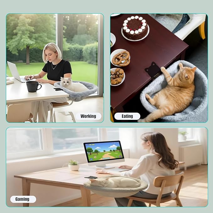 Cozy Winter Cat Desk Bed - One-Touch 90° Fold Down & Space-Saving Ergonomic Perch, Ultra-Plush Faux Rabbit Fur Sunken Nest for Remote Workers, Holds 40lb (18kg) - Perfect for Cats