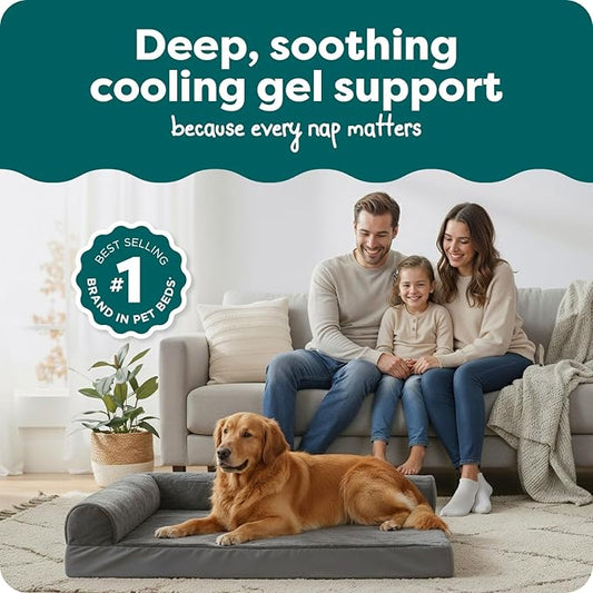 Furhaven Cooling Gel Dog Bed for Large Dogs w/ Removable Bolsters & Washable Cover, For Dogs Up to 95 lbs - Plush & Velvet L Shaped Chaise - Platinum Gray, Jumbo/XL