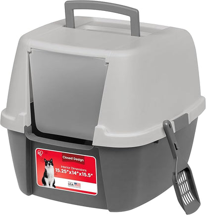 IRIS USA Large Cat Litter Box with Front Door Flap, Covered Enclosed Litter Box Enclosure with Scoop, Handle & Buckles for Portability & Privacy, Hidden Litter Pan, Gray