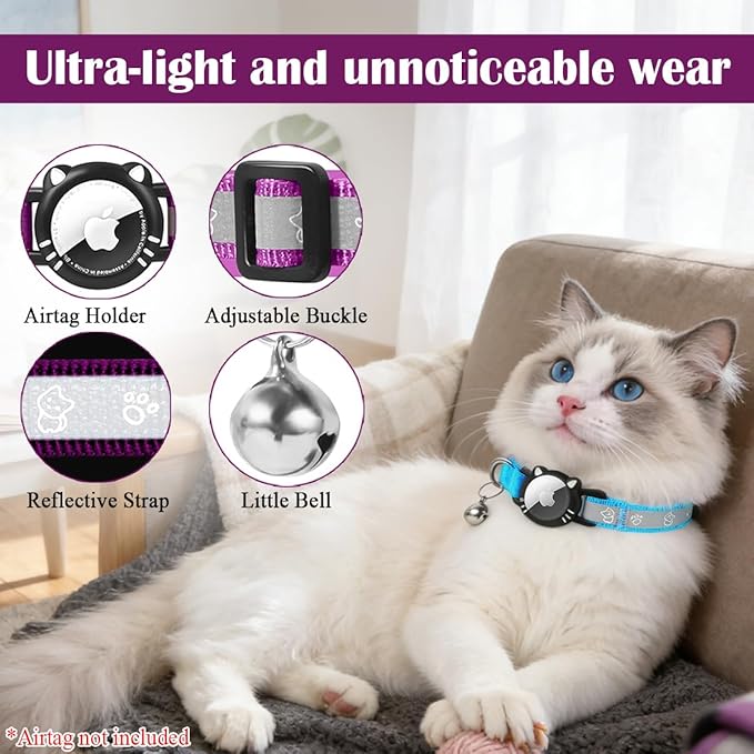 Airtag Cat Collar, Reflective Cat Collar with Apple Air Tag Holder, Breakaway GPS Tracker Pet Collar with Bell for Cat Kitten, Airtag Not Included, Blue, S(9-11 Inch)