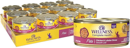 Wellness Complete Health Pate Adult Canned Wet Cat Food, Natural, Protein Rich, Grain Free, Chicken and Lobster Dinner Recipe, 5.5 oz, Pack of 24 Cans