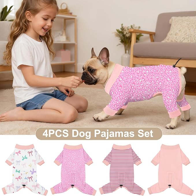 Bienbee Dog Pajamas, 4 Pack Dog Recovery Suit Shedding Suit Cute Soft Puppy Clothes Dogs Pjs Onesies Jammies Adjustable Breathable & Stretchy Clothes for Small Medium Large Dogs Girl Boy Puppy-M