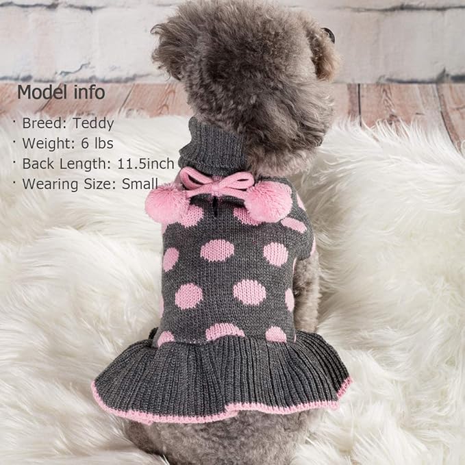 KYEESE Dog Sweaters with Leash Hole for Small Dogs Turtleneck Dog Sweater Dress for Girl Polka Dot Knit Pullover Doggie Sweater Warm Pet Sweater