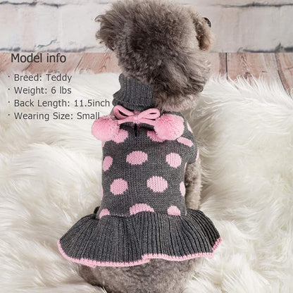 KYEESE Dog Sweater Dress Polka Dot Turtleneck Dogs Sweaters for Girl with Leash Hole Knit Pullover with Pom Pom Ball