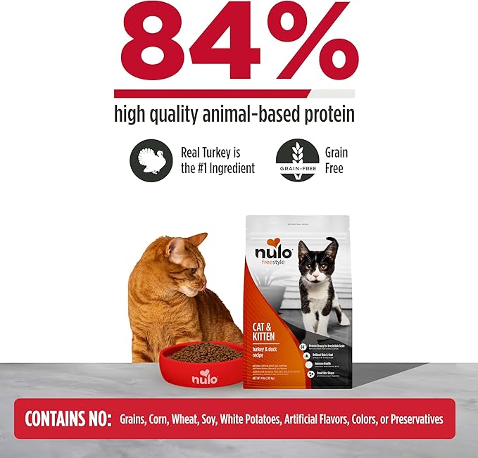 Nulo Freestyle Cat & Kitten Dry Food - Turkey & Duck Recipe, High Protein Grain Free Cat Food, Natural Kibble with Probiotics & Omega Fatty Acids, 4lb Bag