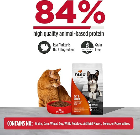 Nulo Freestyle Cat & Kitten Dry Food - Turkey & Duck Recipe, High Protein Grain Free Cat Food, Natural Kibble with Probiotics & Omega Fatty Acids, 4lb Bag