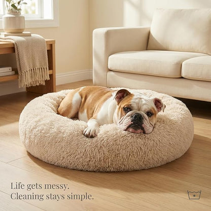 Calming Dog Bed for Medium Dogs Washable Donut 30 inches Anti-Slip Pet Bed,Round Fluffy Plush Faux Fur Cat Bed,Fits up to 45 lbs Pets,Beige