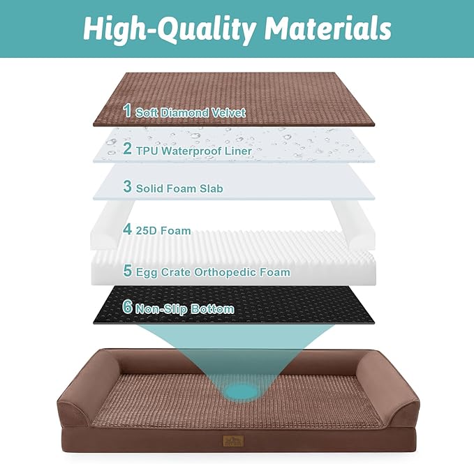 COZY KISS Orthopedic Dog Beds for Large Sized Dog, XL Bolster Pet Couch with Waterproof Lining, Egg Crate Foam Sofa for Pets Up to 100 lbs, U-Shaped, 44x32x7 inch, Brown