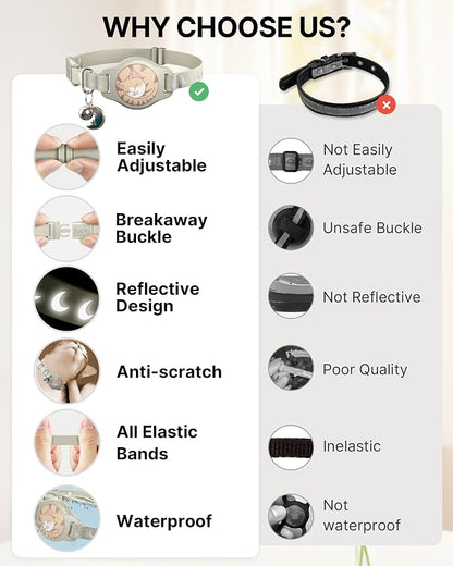 typecase Reflective Breakaway Cat Collar with AirTag Holder, Khaki & White | Khaki Reflective Breakaway Cat Collar With Bell And Silicone AirTag Holder; Adjustable 8-12 In; AirTag Not Included