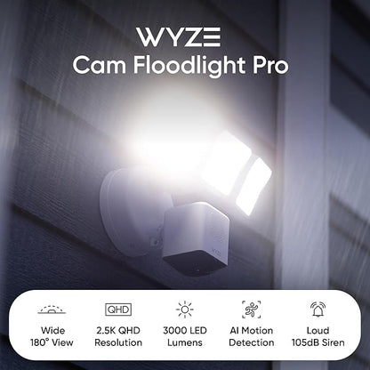 WYZE Floodlight Camera Pro, PCMag Editors' Choice 3000-Lumen LEDs, 2.5K HD Outdoor Security Camera, 180° Wide View, Motion Detection, Color Night Vision, Works with Alexa & Google, Free Expert Setup