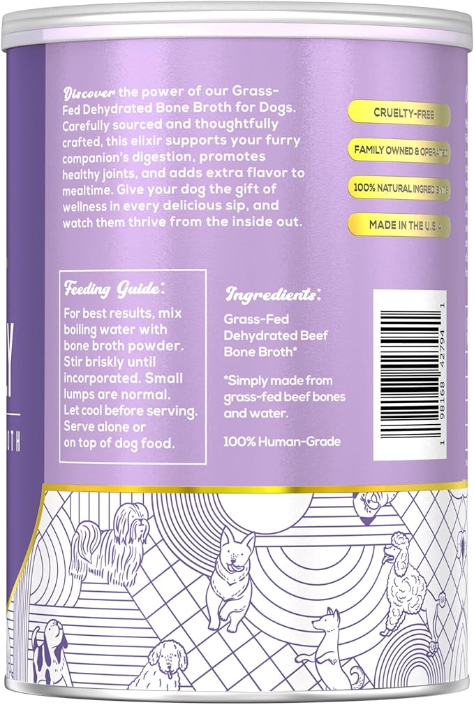 Fido's Grass-Fed Beef Bone Broth for Dogs 7oz with 94% Protein - Picky Eaters Human Grade Bone Broth Powder for Dogs - Made in USA - No Preservatives - Supports Joints + Gut Health - 60 Scoops