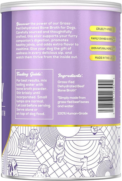 Fido's Grass-Fed Beef Bone Broth for Dogs 7oz with 94% Protein - Picky Eaters Human Grade Bone Broth Powder for Dogs - Made in USA - No Preservatives - Supports Joints + Gut Health - 60 Scoops