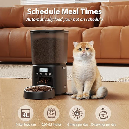 Petrice Automatic Cat Feeder, 4L/16Cups Cat Food Dispenser with Stainless Steel Bowl Programmable 30 Portions 6 Meals per Day, Timed Pet Feeder for Kitty Small Dogs with 10S Voice Record, Black