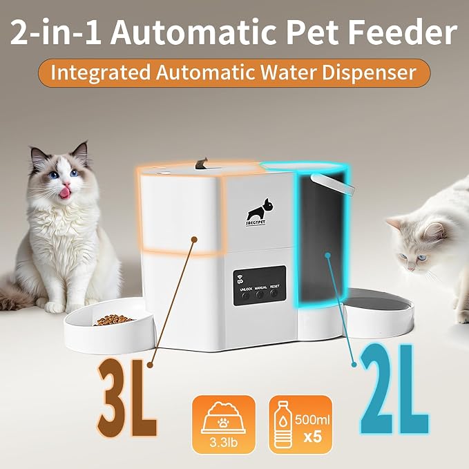 Automatic Cat Feeder 2-in-1 Cat Feeder and Gravity-Fed Water System | 3L Food Tank & 2L Water Tank for Supports 5G/2.4GHz Dual-band WiFi APP Remote Control | Up to 10 Timed Feedings Per Day