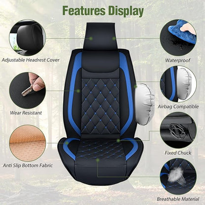 Nilight Car Seat Covers Waterproof Breathable Faux Leather Cushions Anti-Slip Universal Cover for Kia Civic Corolla Hyundai Honda Camry CR-V RAV4 Fusion SUV Truck (2 PCS Front, Black-Blue)
