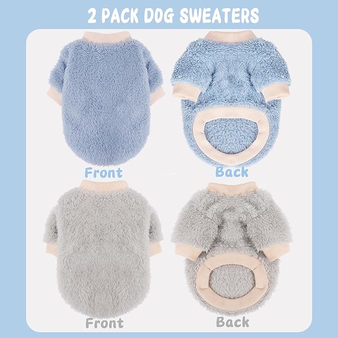 2 Pieces Dog Sweater for Small Dogs Winter Warm Puppy Sweater Fleece Cute Dog Clothes for Dogs Like Chihuahua Yorkie Thick Pet Clothing (Light Grey, Blue, Small)