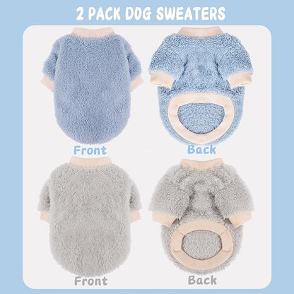 2 Pieces Dog Sweater for Small Dogs Winter Warm Puppy Sweater Fleece Cute Dog Clothes for Dogs Like Chihuahua Yorkie Thick Pet Clothing (Light Grey, Blue, Large)