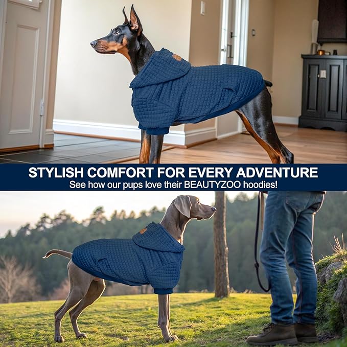 BEAUTYZOO Small Dog Hoodie Sweater with Pockets, Dog Clothes for Small Medium Dogs Boy Girl, Waffle-Like Laminated Pet Coats with Hat and Leash Hole, Navy Blue S
