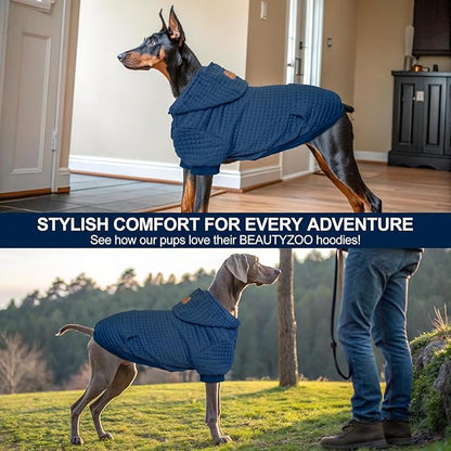 BEAUTYZOO Small Dog Hoodie Sweater with Pockets, Dog Clothes for Small Medium Dogs Boy Girl, Waffle-Like Laminated Cotton Pet Coats with Hat and Leash Hole, Navy Blue ML