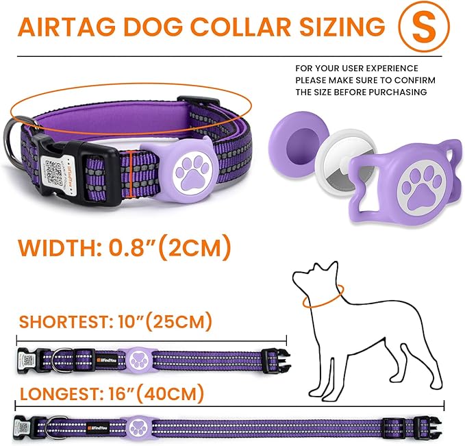 AirTag Dog Collar for Small Dogs, IP68 Waterproof Air Tag Dog Collar with Apple AirTag Holder, Reflective, Padded Lining, QR Code Personalized Dog Tags (Purple, Small)