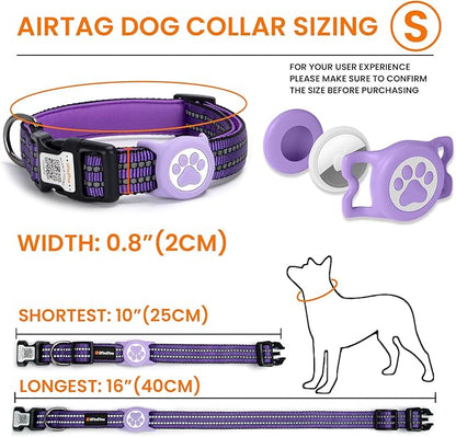 AirTag Dog Collar for Small Dogs, IP68 Waterproof Air Tag Dog Collar with Apple AirTag Holder, Reflective, Padded Lining, QR Code Personalized Dog Tags (Purple, Small)