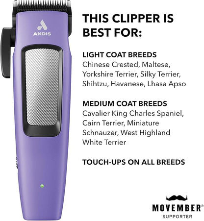 Andis Easy Clip Adjustable Blade Cordless II Dog Clipper, 10 Piece Kit, Lithium-Ion Battery, Purple, 560017